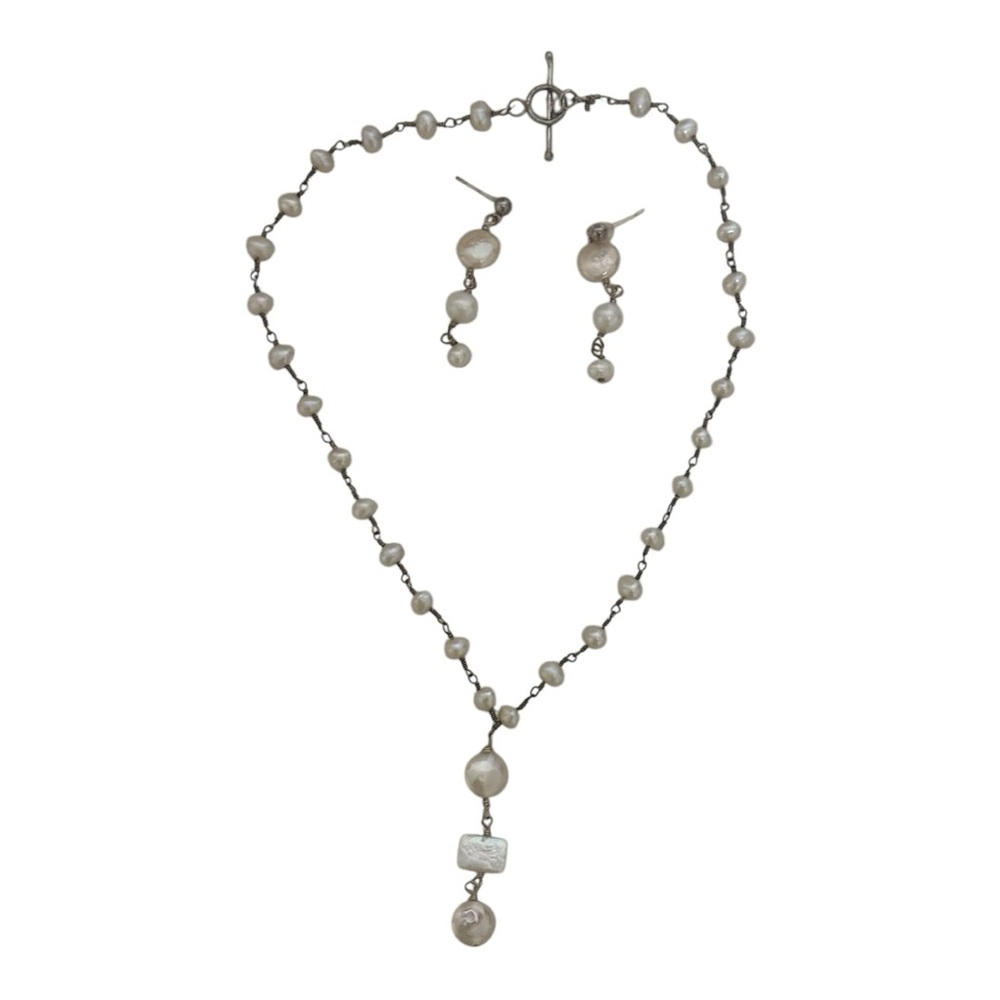 Beaded Necklace and Dangly Earrings Set Women's Silver/White